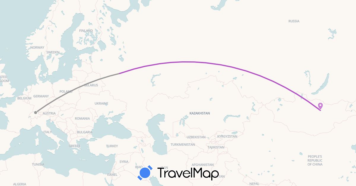 TravelMap itinerary: driving, plane, train in Switzerland, Mongolia, Russia (Asia, Europe)